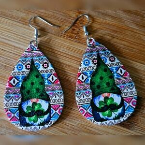 Colorful Gnome Teardrop Earrings New in Package Lucky Shamrock Festive